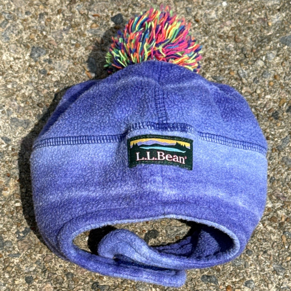 LL Bean Toddler Fleece Trapper Hat Purple Pom Pom Ear Chin Flap Beanie 6-12M